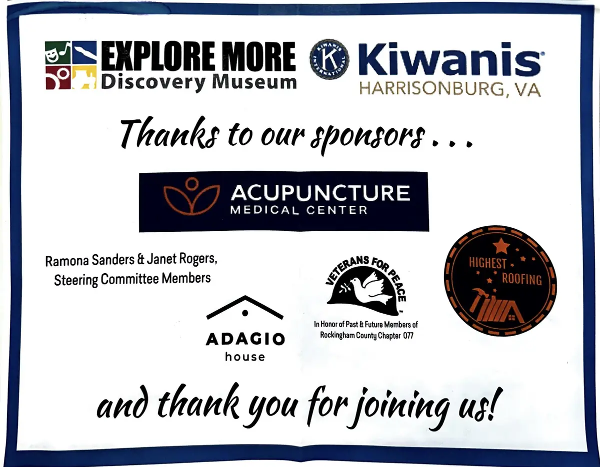 A thank-you sign from the Explore More Discovery Museum and Kiwanis listing Highest Roofing among the sponsors