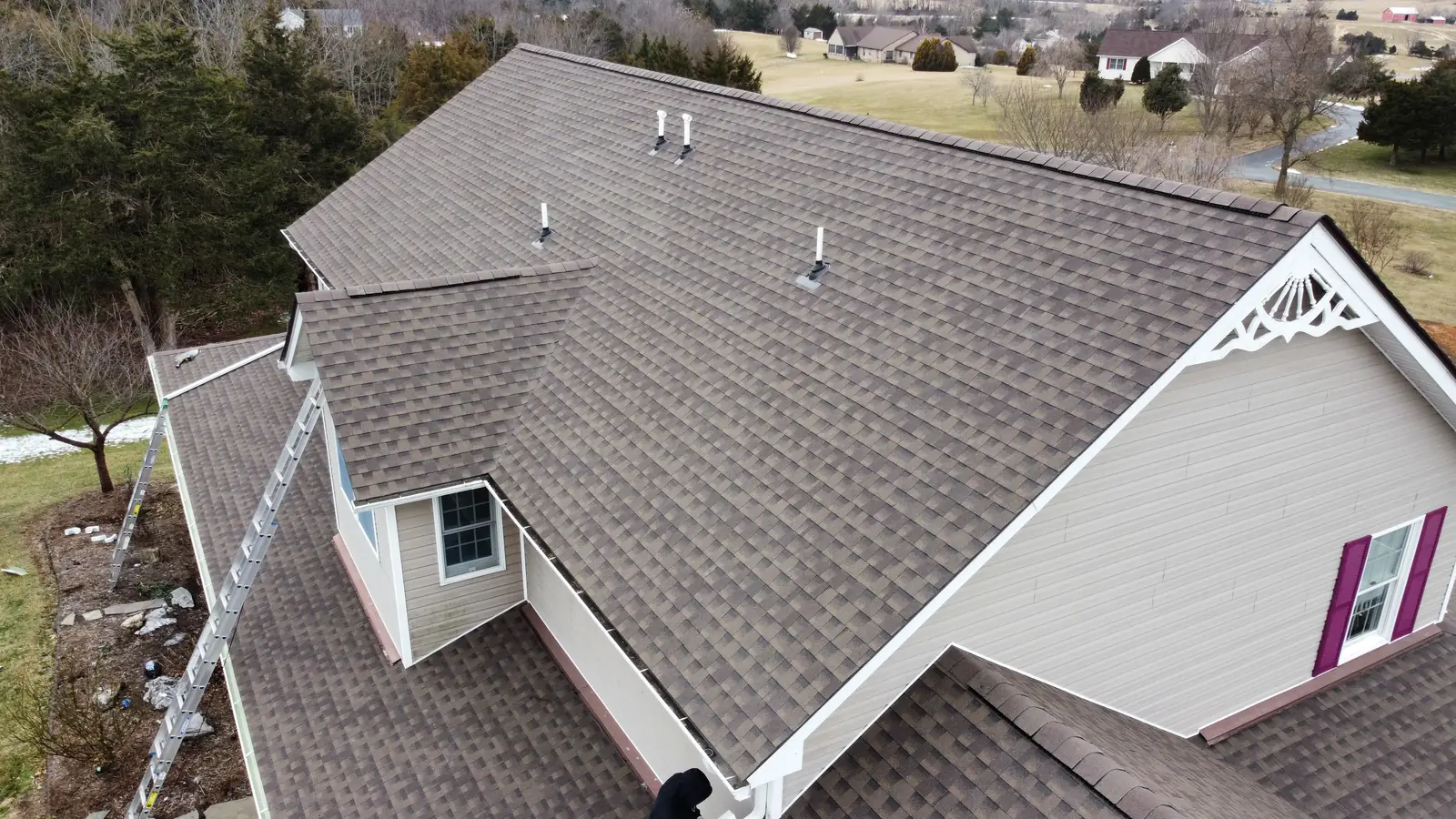 A gray shingle roof with a white gable and a ladder against the eave
