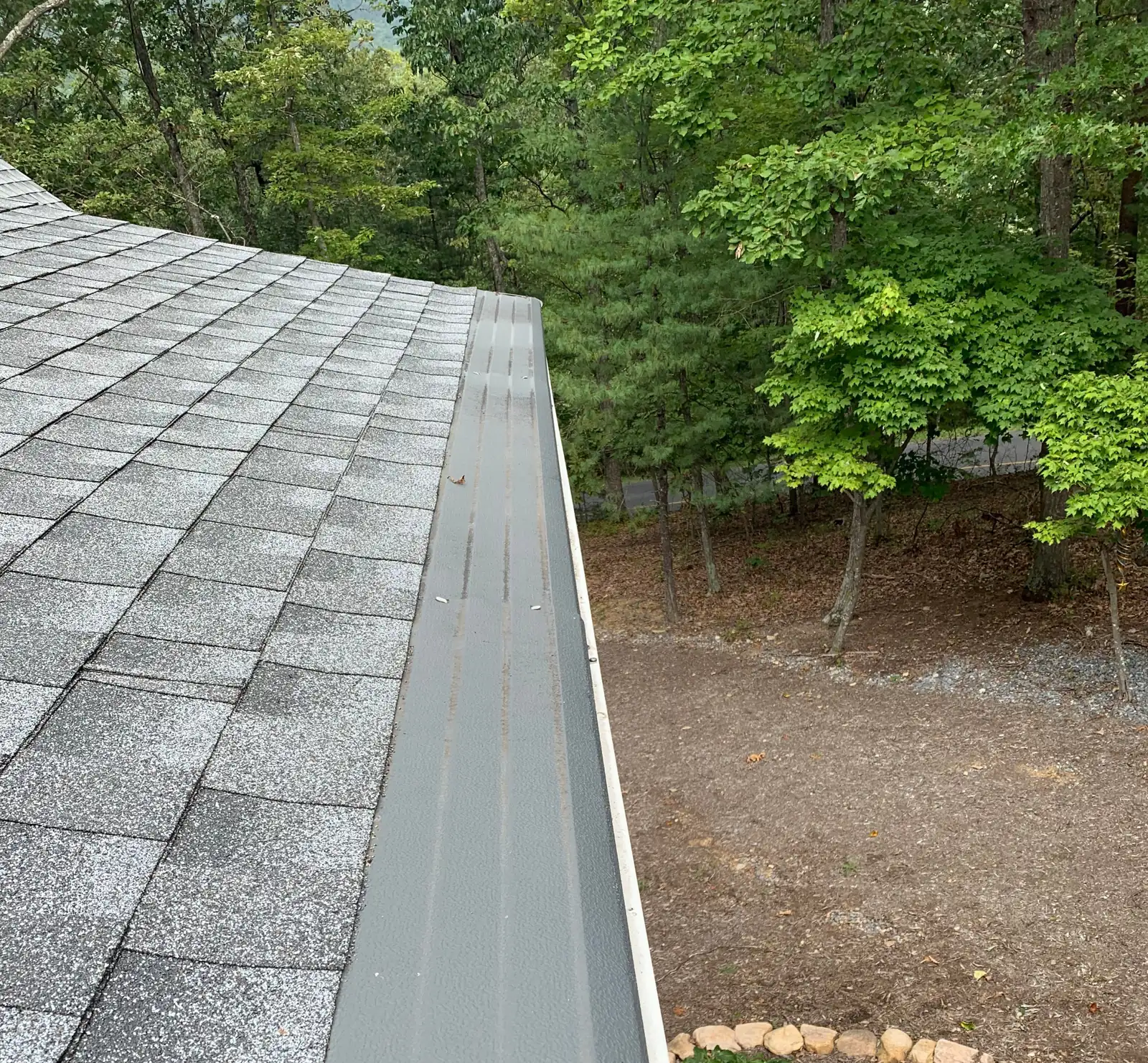 A gutter guard fitted along the edge of a gray shingle roof beside woods