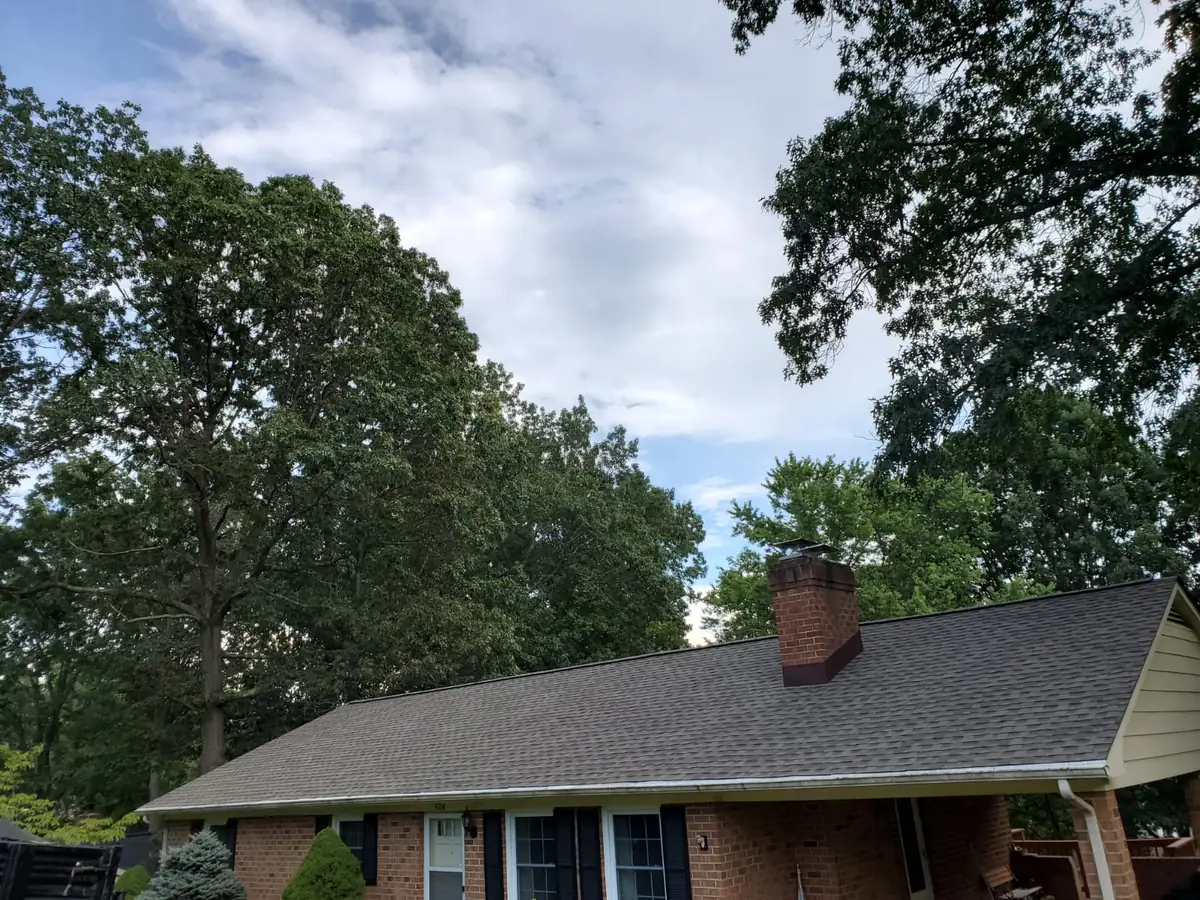 A brick ranch house with a gray shingle roof under tall trees