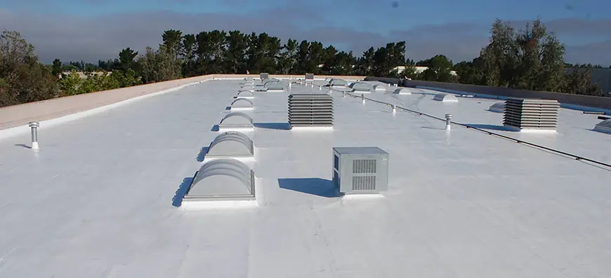 A white TPO flat roof with skylights and vents